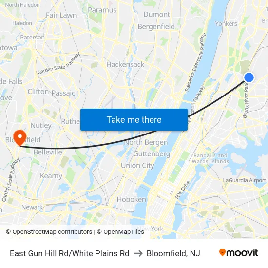 East Gun Hill Rd/White Plains Rd to Bloomfield, NJ map