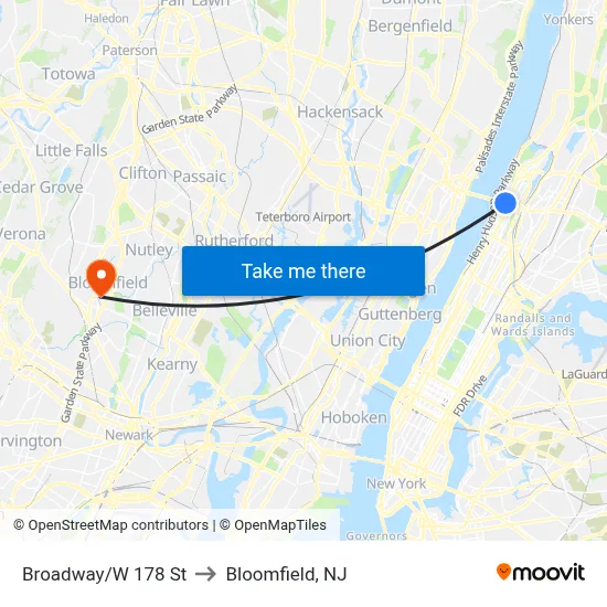 Broadway/W 178 St to Bloomfield, NJ map