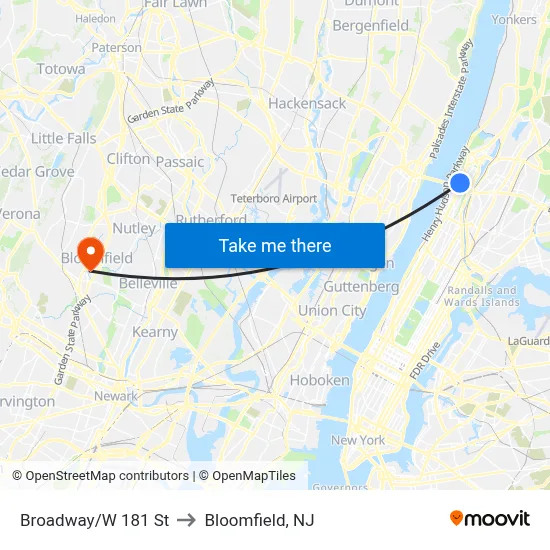 Broadway/W 181 St to Bloomfield, NJ map