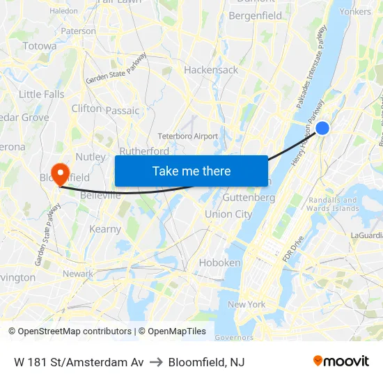W 181 St/Amsterdam Av to Bloomfield, NJ map