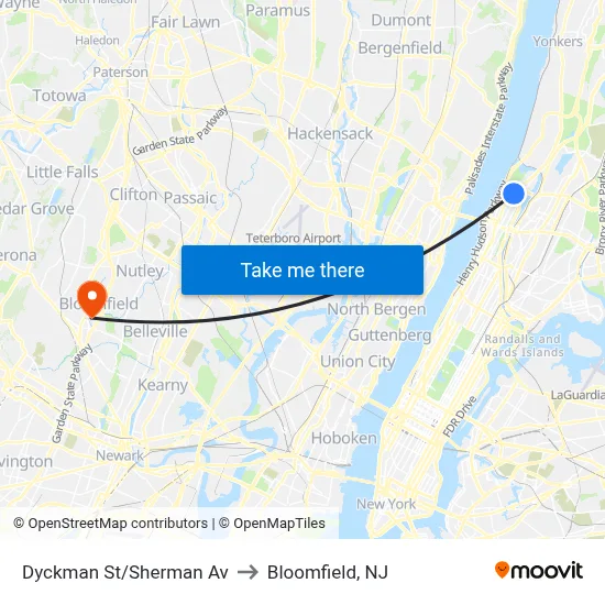 Dyckman St/Sherman Av to Bloomfield, NJ map
