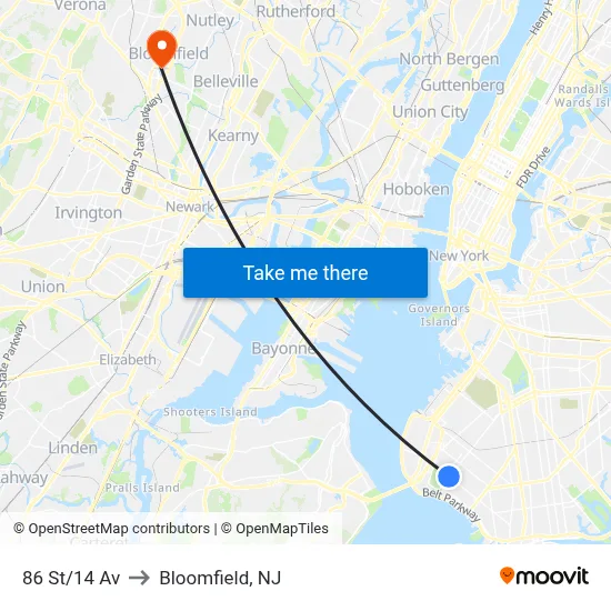 86 St/14 Av to Bloomfield, NJ map