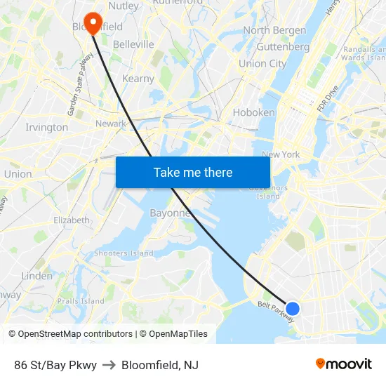 86 St/Bay Pkwy to Bloomfield, NJ map