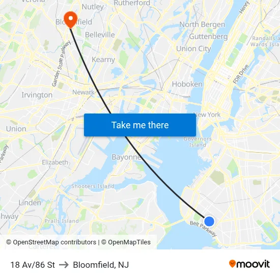 18 Av/86 St to Bloomfield, NJ map