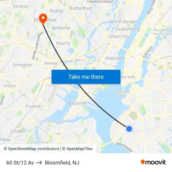 60 St/12 Av to Bloomfield, NJ map