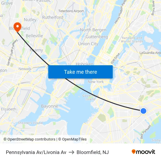 Pennsylvania Av/Livonia Av to Bloomfield, NJ map