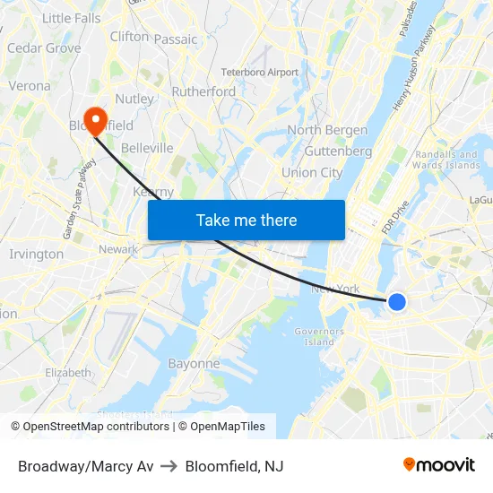 Broadway/Marcy Av to Bloomfield, NJ map
