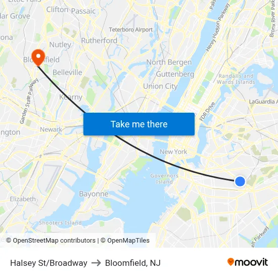 Halsey St/Broadway to Bloomfield, NJ map