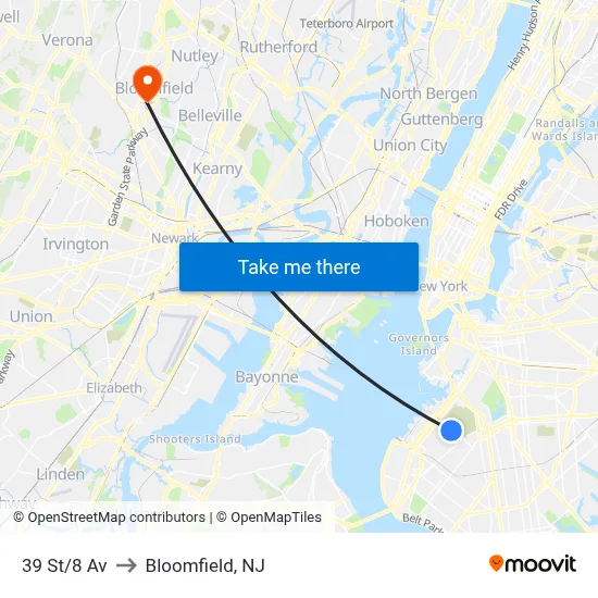39 St/8 Av to Bloomfield, NJ map