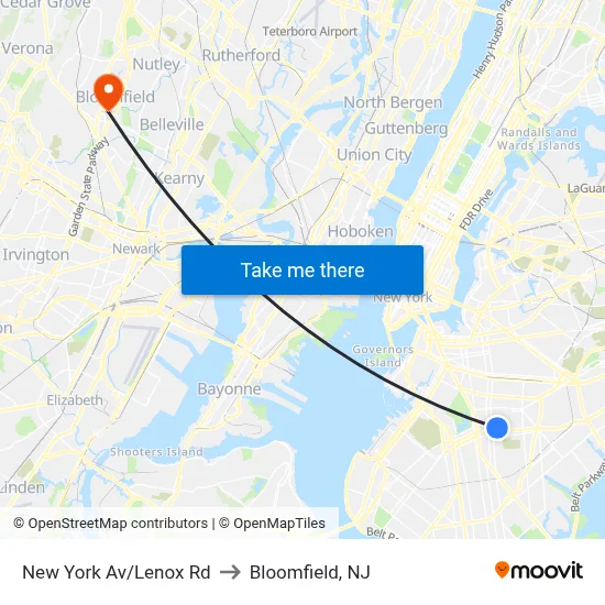 New York Av/Lenox Rd to Bloomfield, NJ map