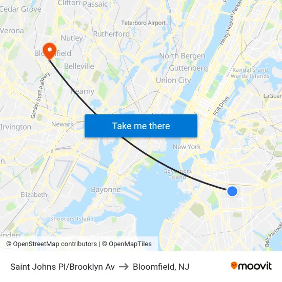 Saint Johns Pl/Brooklyn Av to Bloomfield, NJ map