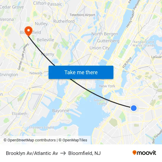 Brooklyn Av/Atlantic Av to Bloomfield, NJ map