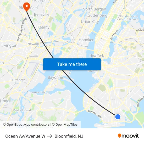 Ocean Av/Avenue W to Bloomfield, NJ map