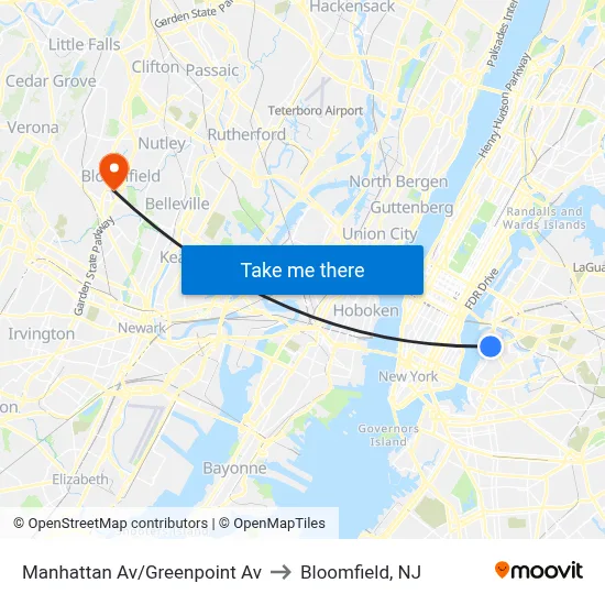 Manhattan Av/Greenpoint Av to Bloomfield, NJ map
