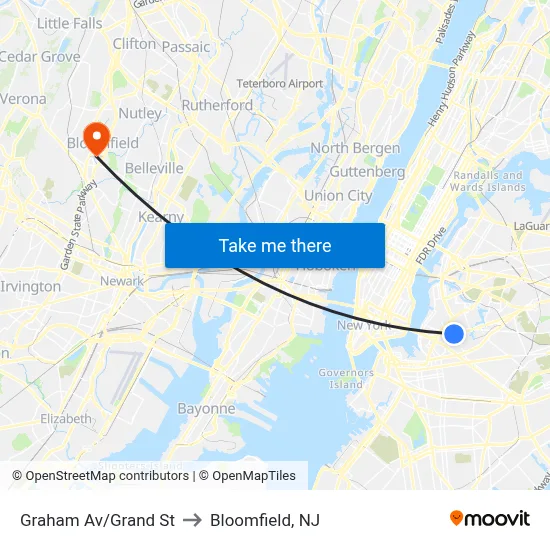 Graham Av/Grand St to Bloomfield, NJ map