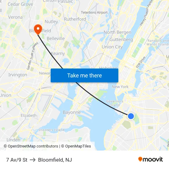 7 Av/9 St to Bloomfield, NJ map