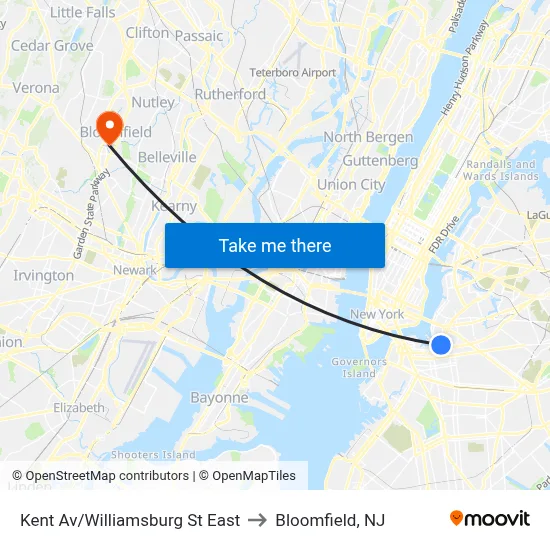 Kent Av/Williamsburg St East to Bloomfield, NJ map