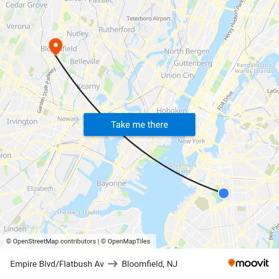 Empire Blvd/Flatbush Av to Bloomfield, NJ map