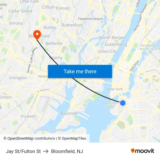 Jay St/Fulton St to Bloomfield, NJ map