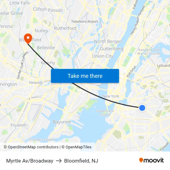 Myrtle Av/Broadway to Bloomfield, NJ map