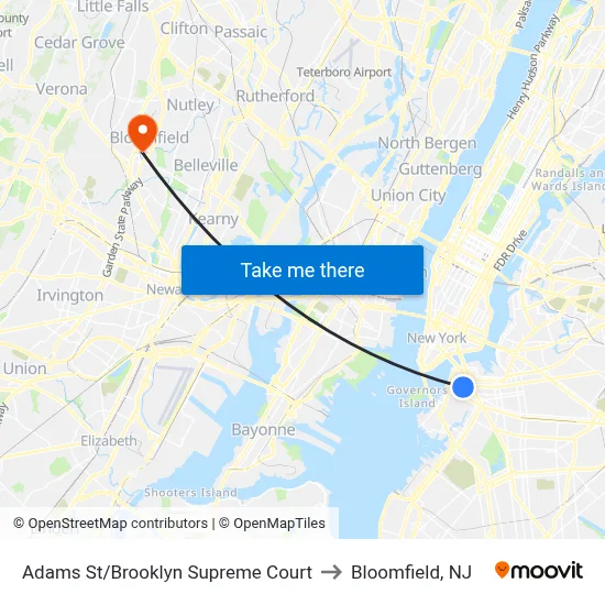 Adams St/Brooklyn Supreme Court to Bloomfield, NJ map
