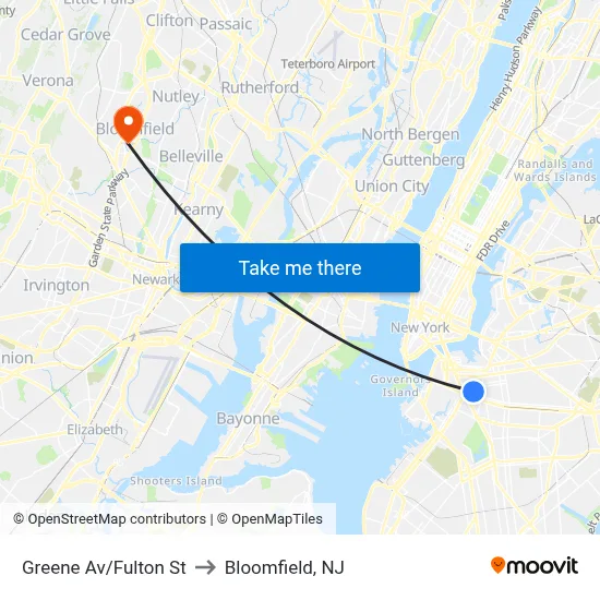 Greene Av/Fulton St to Bloomfield, NJ map