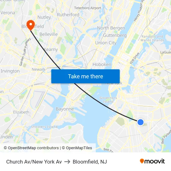 Church Av/New York Av to Bloomfield, NJ map