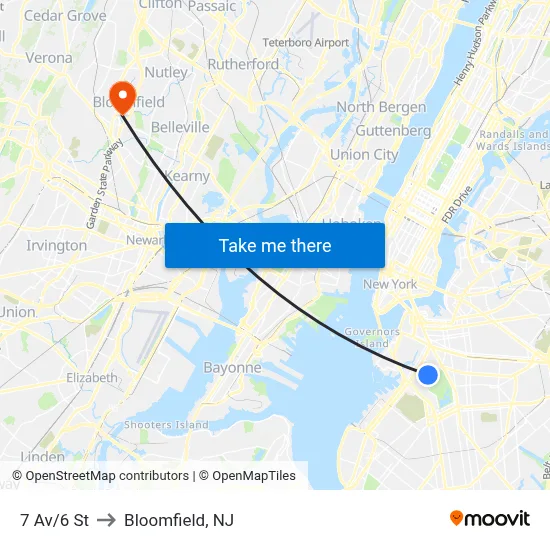 7 Av/6 St to Bloomfield, NJ map