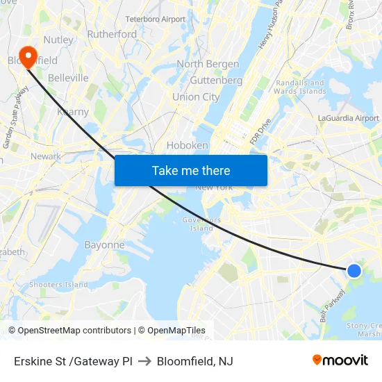 Erskine St /Gateway Pl to Bloomfield, NJ map
