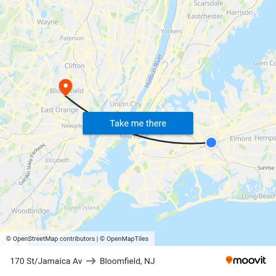 170 St/Jamaica Av to Bloomfield, NJ map