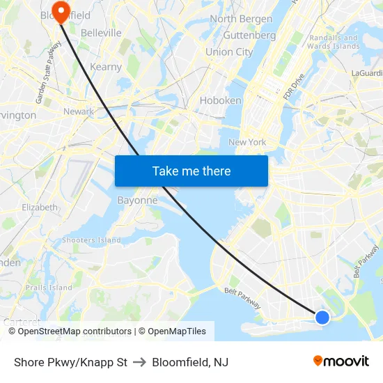 Shore Pkwy/Knapp St to Bloomfield, NJ map