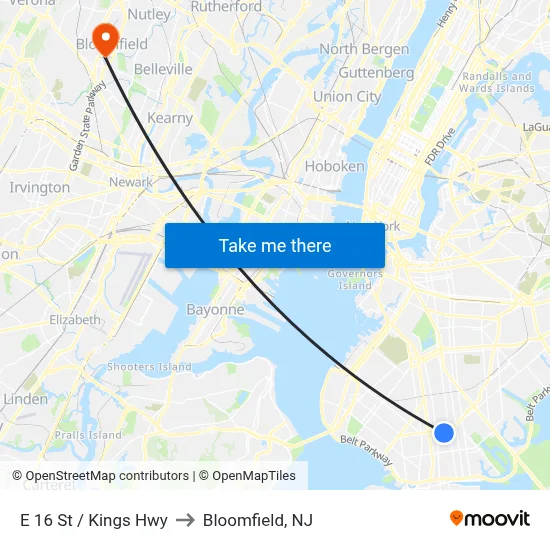 E 16 St / Kings Hwy to Bloomfield, NJ map