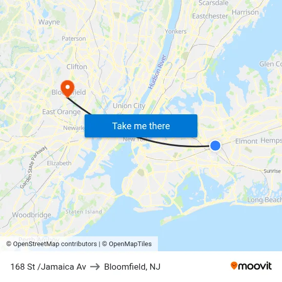 168 St /Jamaica Av to Bloomfield, NJ map