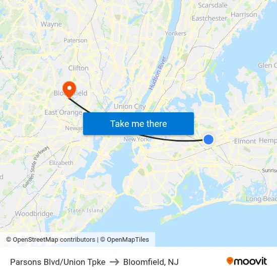 Parsons Blvd/Union Tpke to Bloomfield, NJ map