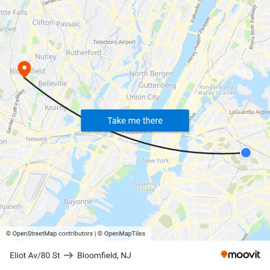 Eliot Av/80 St to Bloomfield, NJ map