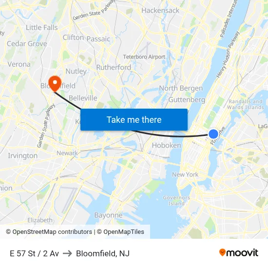 E 57 St / 2 Av to Bloomfield, NJ map