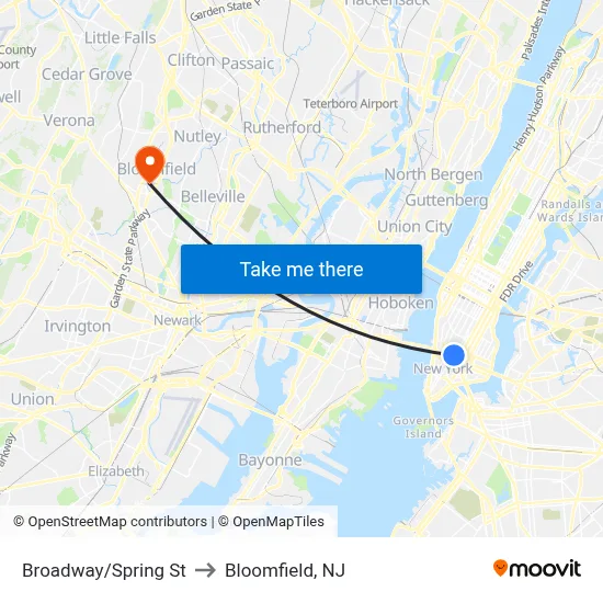 Broadway/Spring St to Bloomfield, NJ map