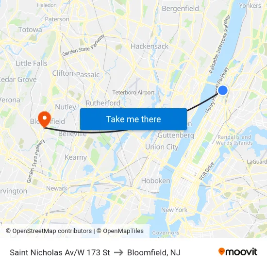 Saint Nicholas Av/W 173 St to Bloomfield, NJ map