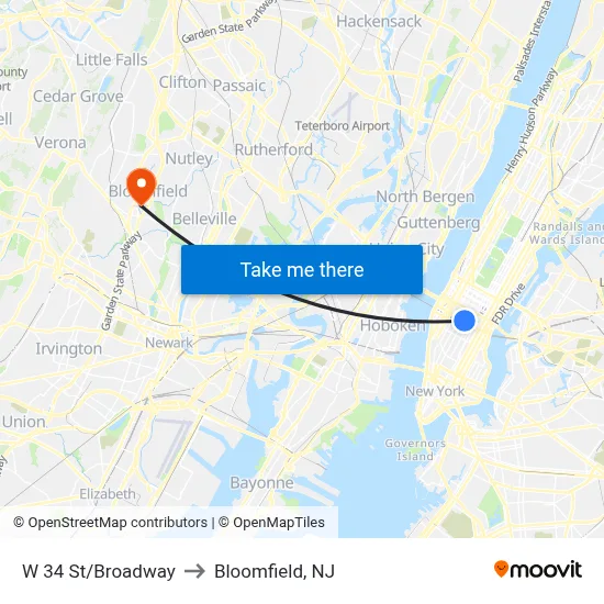 W 34 St/Broadway to Bloomfield, NJ map