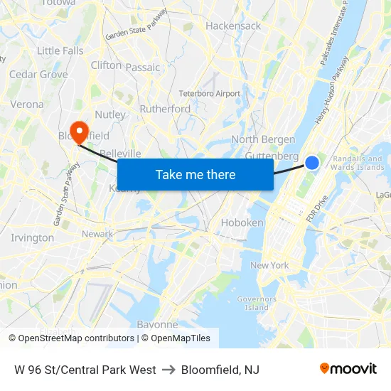 W 96 St/Central Park West to Bloomfield, NJ map