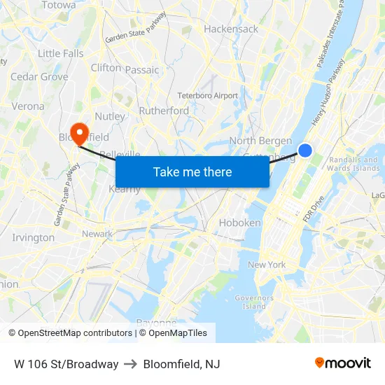 W 106 St/Broadway to Bloomfield, NJ map