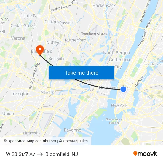 W 23 St/7 Av to Bloomfield, NJ map