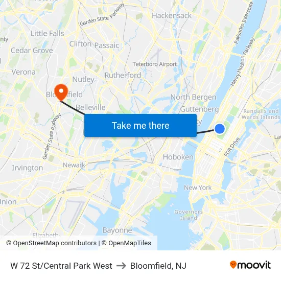 W 72 St/Central Park West to Bloomfield, NJ map