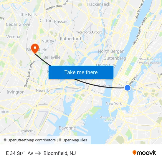E 34 St/1 Av to Bloomfield, NJ map