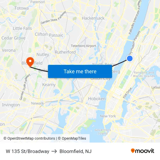W 135 St/Broadway to Bloomfield, NJ map