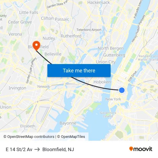 E 14 St/2 Av to Bloomfield, NJ map