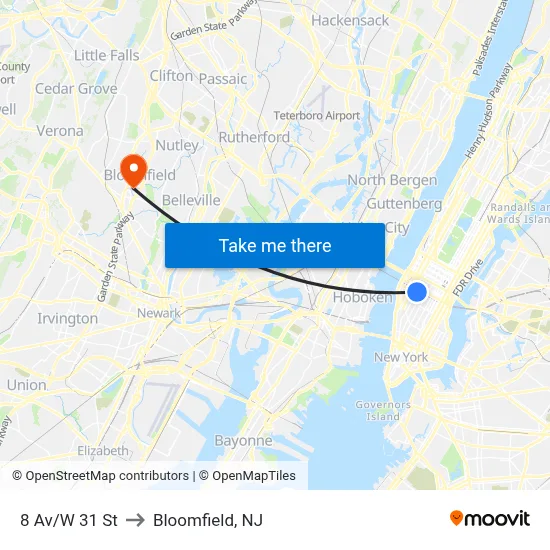 8 Av/W 31 St to Bloomfield, NJ map