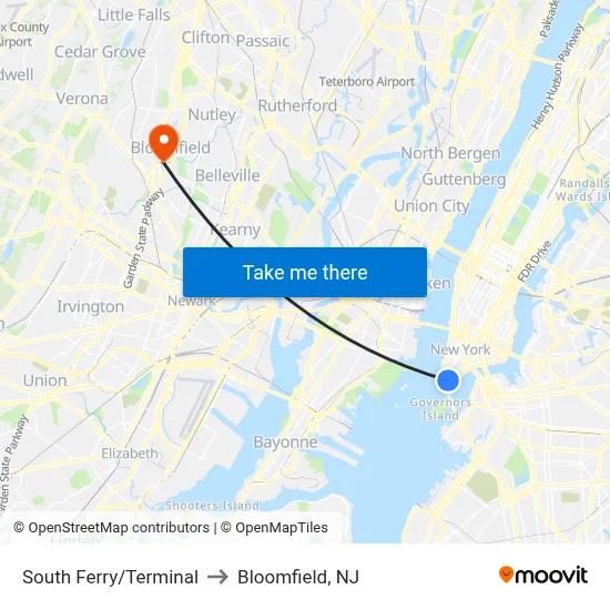 South Ferry/Terminal to Bloomfield, NJ map