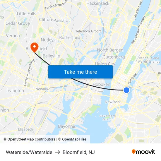 Waterside/Waterside to Bloomfield, NJ map