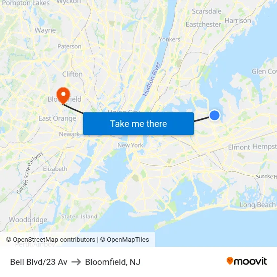 Bell Blvd/23 Av to Bloomfield, NJ map